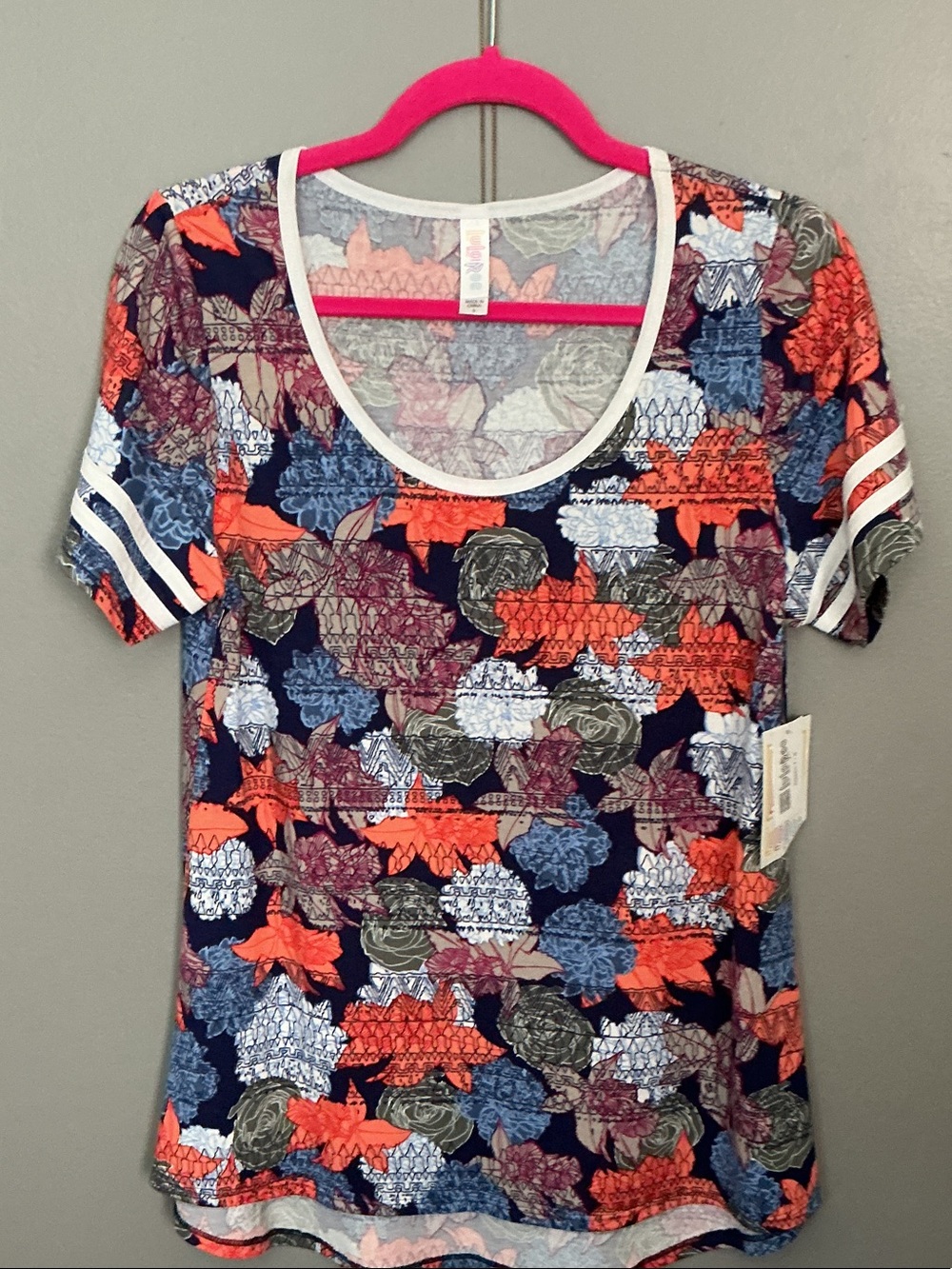 LuLaRoe Floral Scoop Neck Top in Navy, Coral & Blue